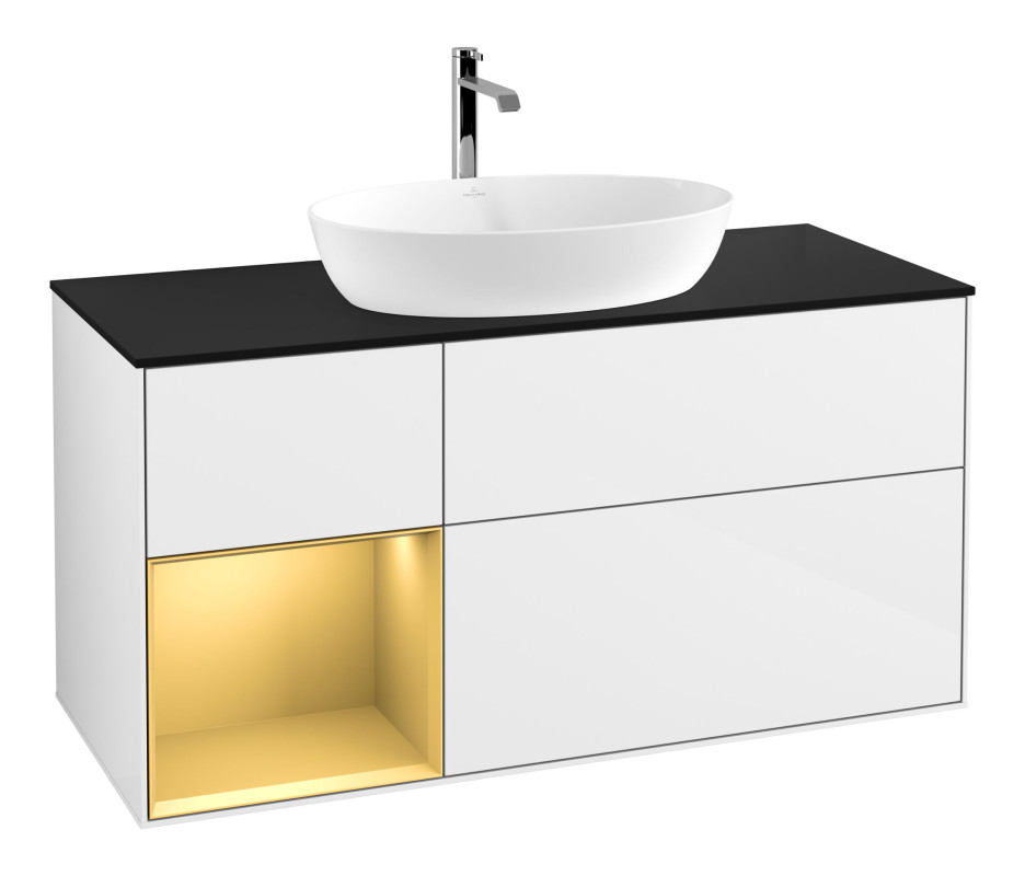 Тумба під раковину Villeroy & Boch Finion 120х50,1 см із підсвічуванням МДФ білий глянцевий лак/скло чорне матове F822HFGF