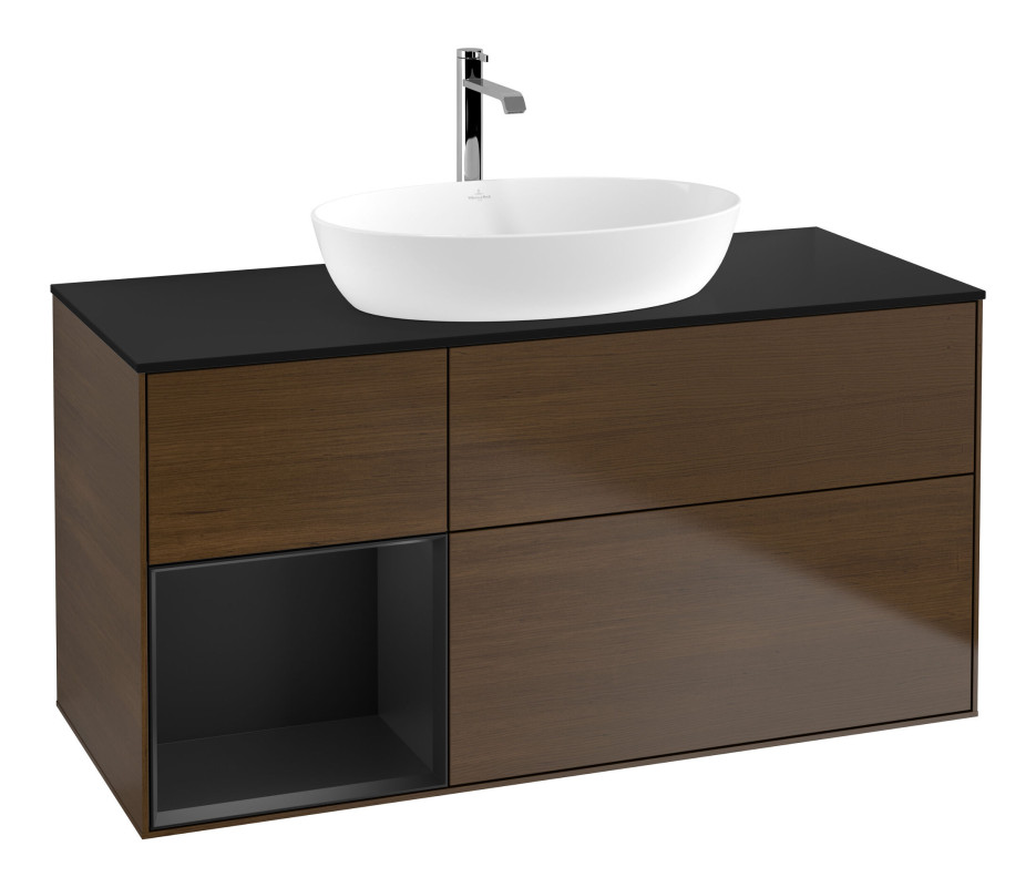 Тумба під раковину Villeroy & Boch Finion 120х50,1 см із підсвічуванням МДФ шпон волоського горіха/скло чорне матове F822PDGN