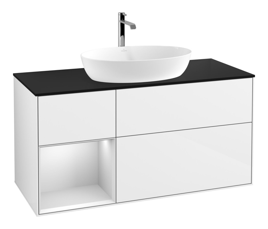 Тумба під раковину Villeroy & Boch Finion 120х50,1 см із підсвічуванням МДФ білий глянцевий лак/скло чорне матове F822MTGF