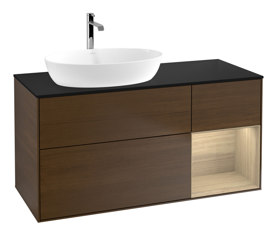 Тумба під раковину Villeroy & Boch Finion 120х50,1 см із підсвічуванням МДФ шпон волоського горіха/скло чорне матове F812PCGN