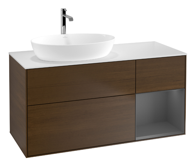 Тумба под раковину Villeroy & Boch Finion 120х50,1 см с подсветкой МДФ шпон грецкого ореха/стекло белое матовое G811GKGN