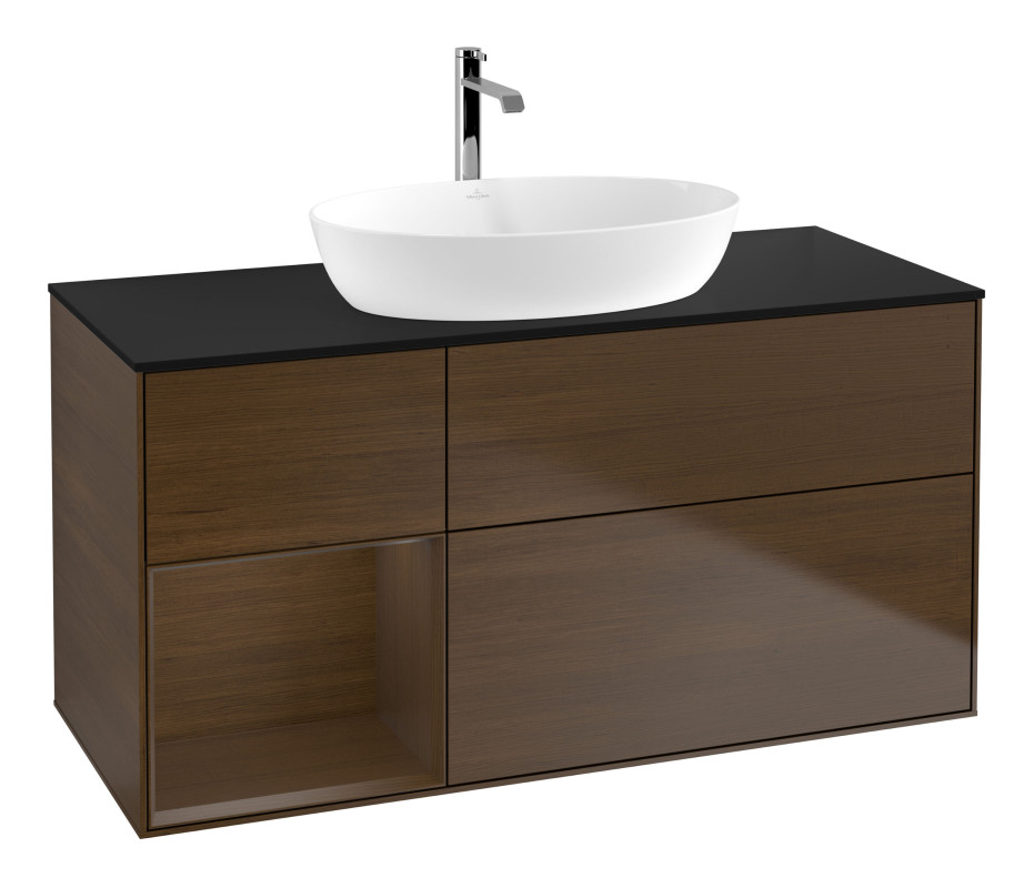 Тумба под раковину Villeroy & Boch Finion 120х50,1 см с подсветкой МДФ шпон грецкого ореха/стекло черное матовое G822GNGN