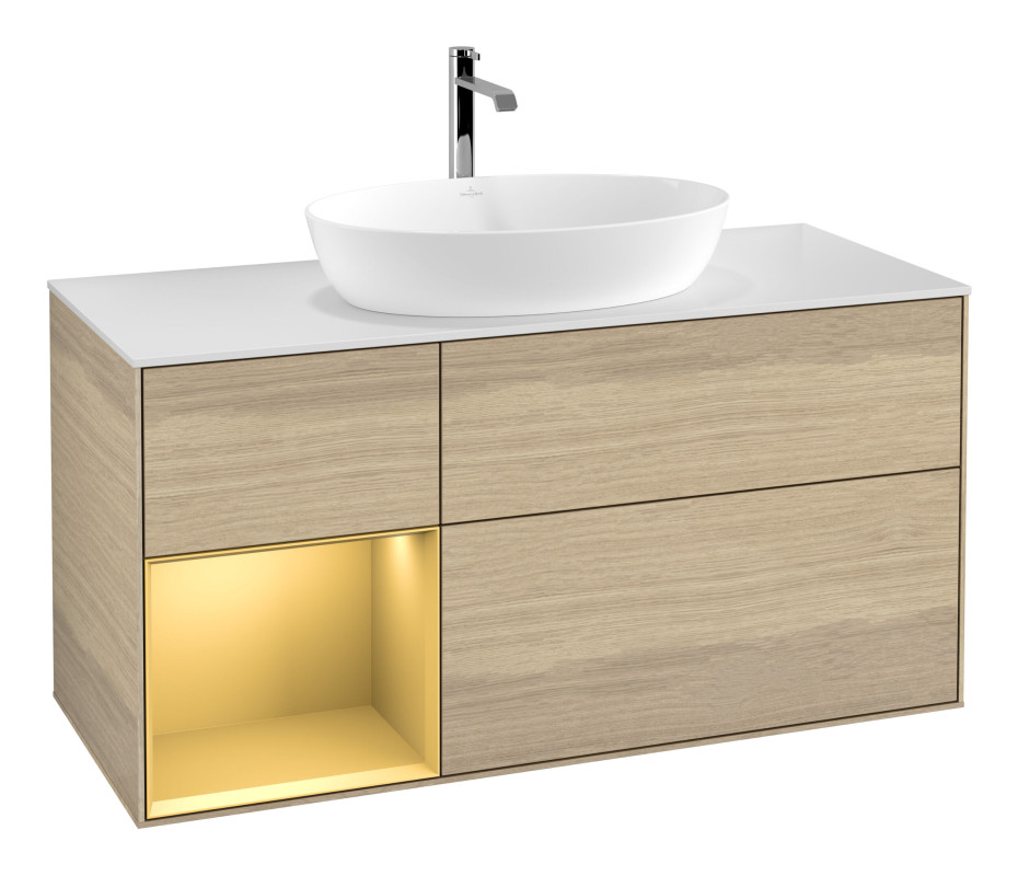 Тумба под раковину Villeroy & Boch Finion 120х50,1 см с подсветкой МДФ шпон дуба/стекло белое матовое G821HFPC