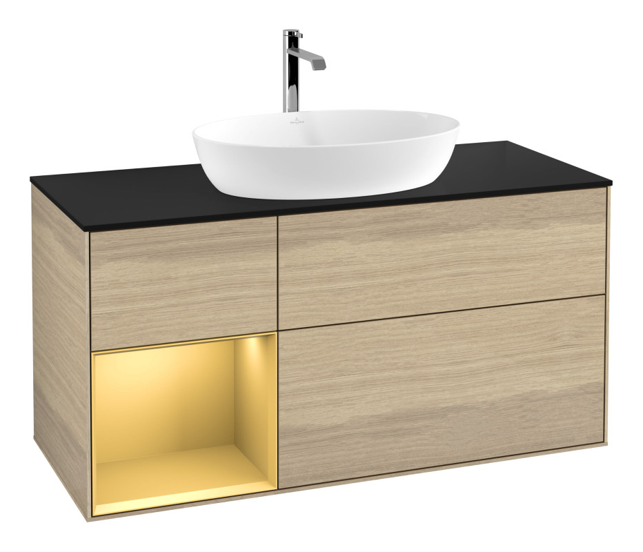 Тумба под раковину Villeroy & Boch Finion 120х50,1 см с подсветкой МДФ шпон дуба/стекло черное матовое G822HFPC