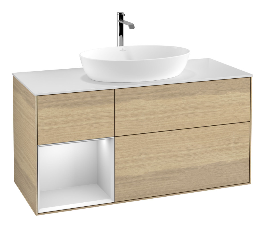 Тумба під раковину Villeroy & Boch Finion 120х50,1 см з підсвічуванням МДФ шпон дуба/скло біле матове G821MTPC