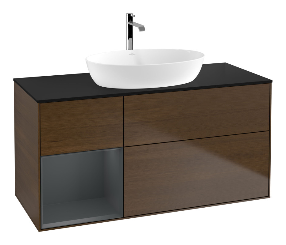 Тумба під раковину Villeroy & Boch Finion 120х50,1 см із підсвічуванням МДФ шпон волоського горіха/скло чорне матове G822HGGN