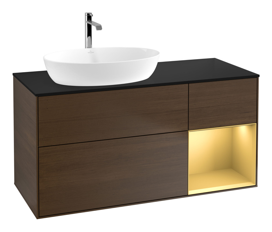 Тумба под раковину Villeroy & Boch Finion 120х50,1 см с подсветкой МДФ шпон грецкого ореха/стекло черное матовое G812HFGN