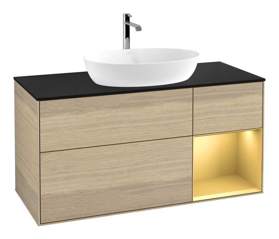 Тумба під раковину Villeroy & Boch Finion 120х50,1 см з підсвічуванням МДФ шпон дуба/скло чорне матове F832HFPC