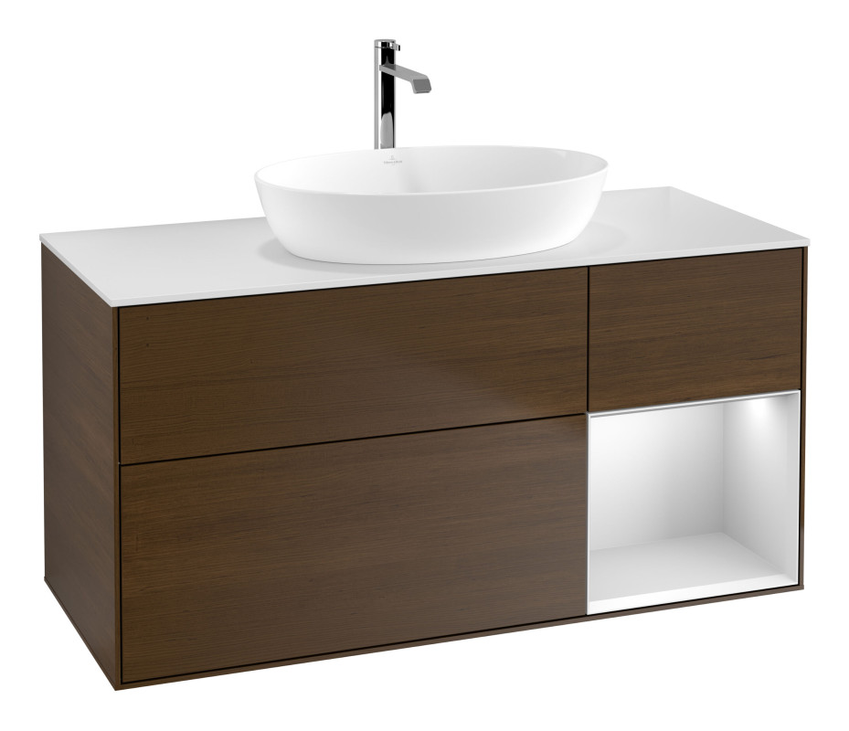 Тумба под раковину Villeroy & Boch Finion 120х50,1 см с подсветкой МДФ шпон грецкого ореха/стекло белое матовое G831MTGN