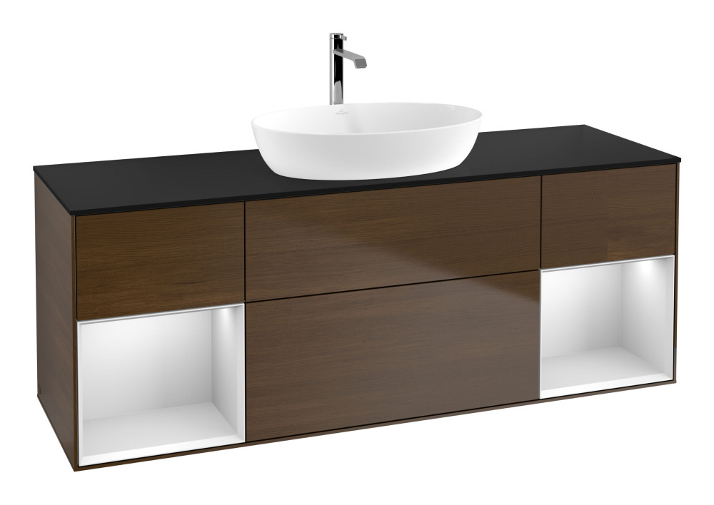 Тумба під раковину Villeroy & Boch Finion 160х50,1 см із підсвічуванням МДФ шпон волоського горіха/скло чорне матове F862MTGN