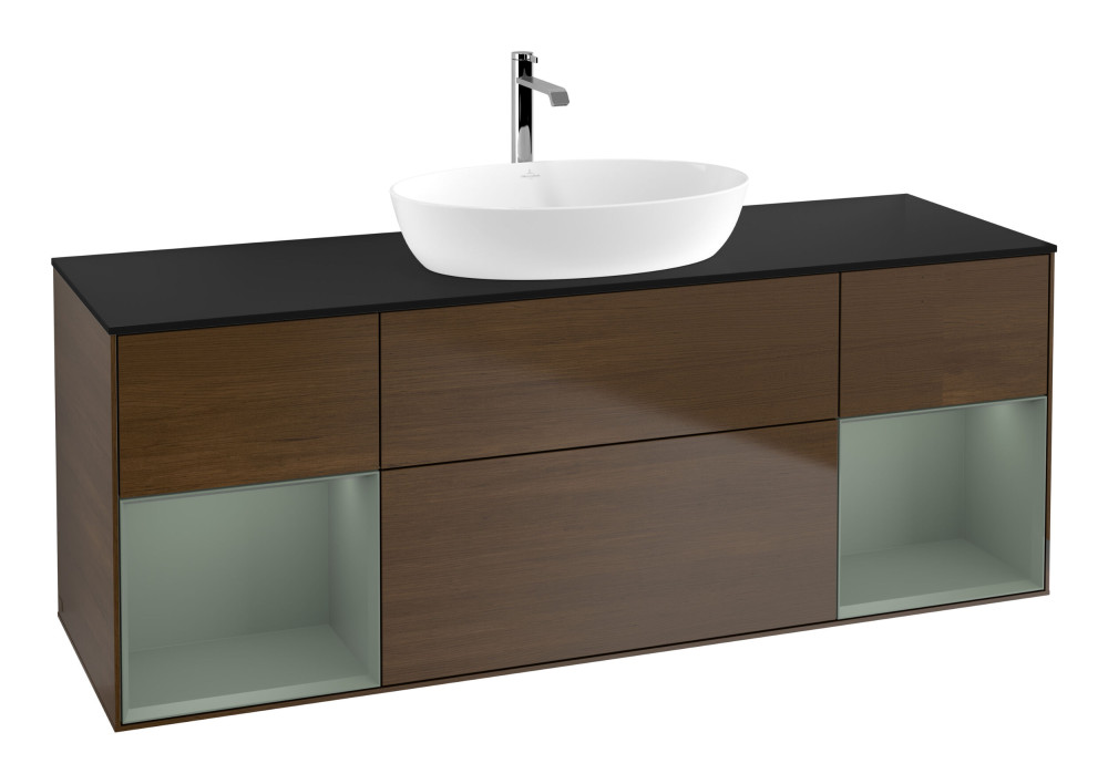 Тумба под раковину Villeroy & Boch Finion 160х50,1 см с подсветкой МДФ шпон грецкого ореха/стекло черное матовое F862GMGN