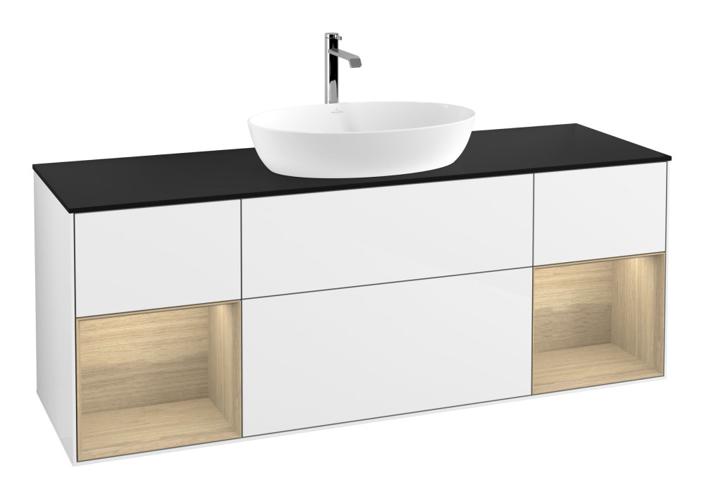 Тумба под раковину Villeroy & Boch Finion 160х50,1 см с подсветкой МДФ глянцевый белый лак/стекло черное матовое F862PCGF