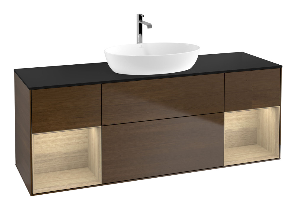 Тумба под раковину Villeroy & Boch Finion 160х50,1 см с подсветкой МДФ шпон грецкого ореха/стекло черное матовое F862PCGN