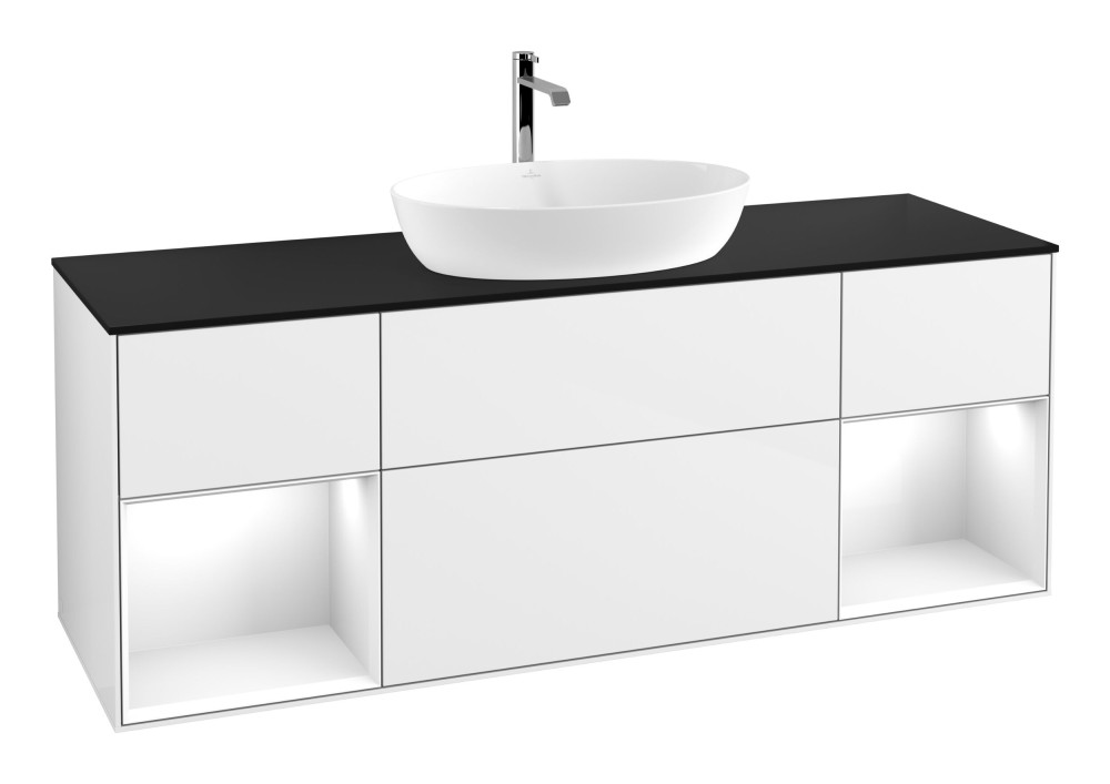 Тумба под раковину Villeroy & Boch Finion 160х50,1 см с подсветкой МДФ глянцевый белый лак/стекло черное матовое G862GFGF
