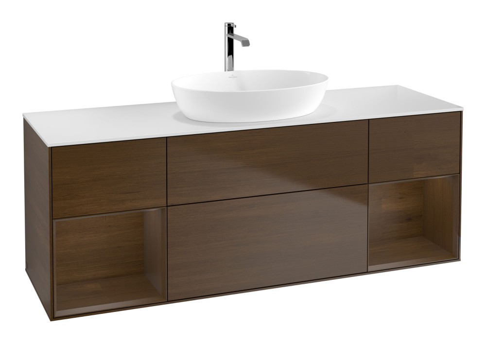 Тумба под раковину Villeroy & Boch Finion 160х50,1 см с подсветкой МДФ шпон грецкого ореха/стекло белое матовое G861GNGN