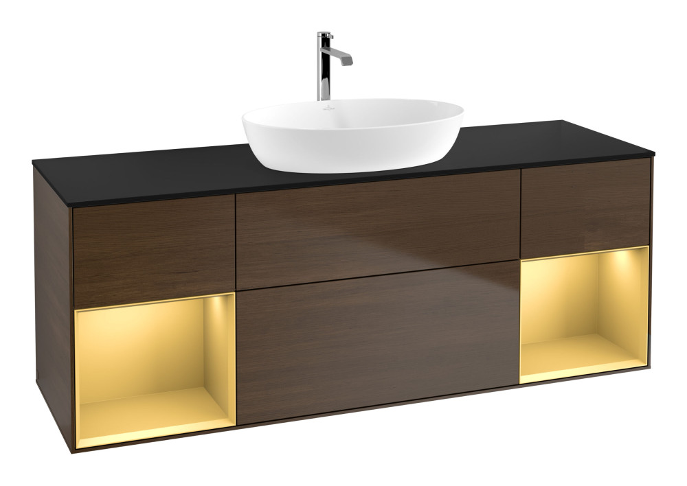 Тумба под раковину Villeroy & Boch Finion 160х50,1 см с подсветкой МДФ шпон грецкого ореха/стекло черное матовое G862HFGN