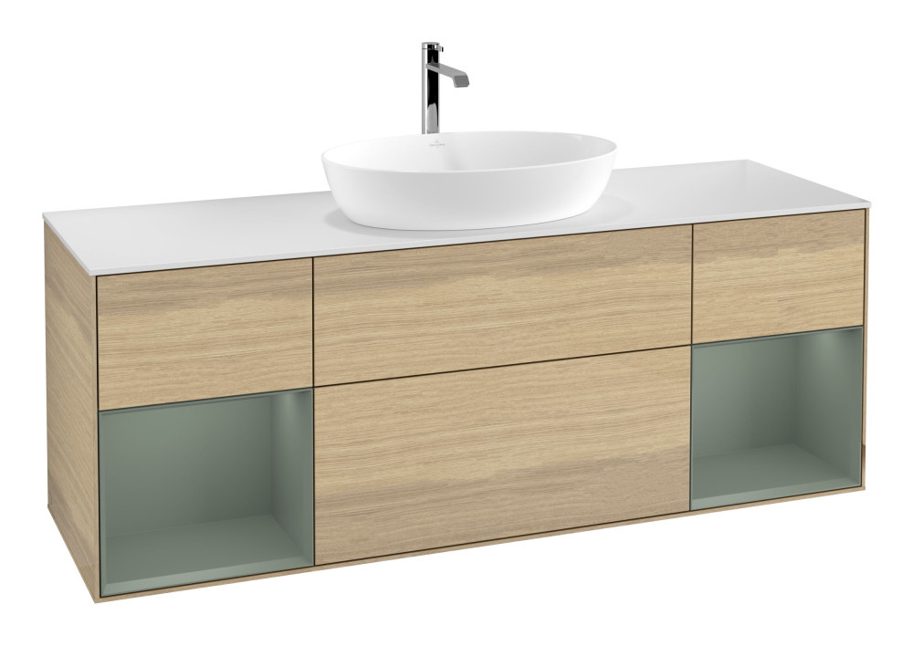 Тумба под раковину Villeroy & Boch Finion 160х50,1 см с подсветкой МДФ шпон дуба/стекло белое матовое G861GMPC