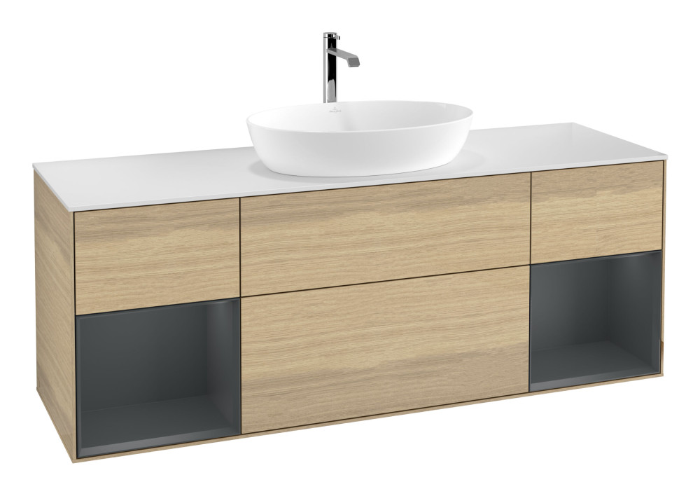 Тумба під раковину Villeroy & Boch Finion 160х50,1 см із підсвічуванням МДФ шпон дуба/скло біле матов G861HGPC