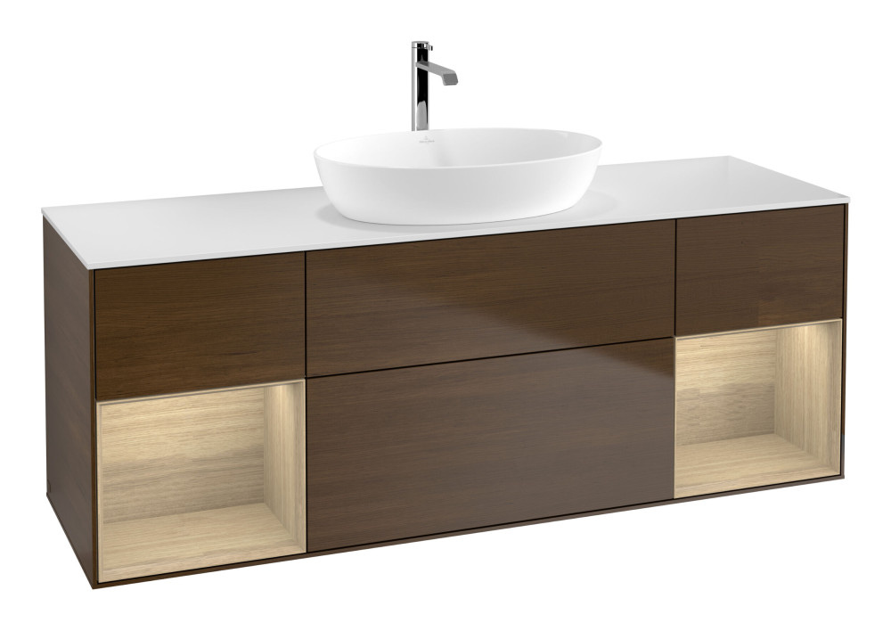 Тумба під раковину Villeroy & Boch Finion 160х50,1 см із підсвічуванням МДФ шпон волоського горіха/скло біле матове G861PCGN