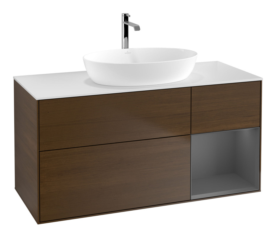 Тумба під раковину Villeroy & Boch Finion 120х50,1 см із підсвічуванням МДФ шпон волоського горіха/скло біле матове F831GKGN