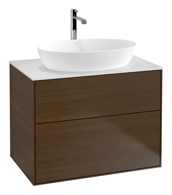 Тумба под раковину Villeroy & Boch Finion 80х50,1 см с подсветкой МДФ шпон грецкого ореха/стекло белое матовое G87100GN