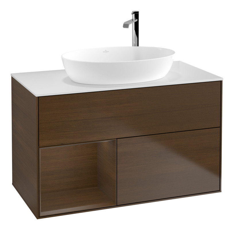 Тумба под раковину Villeroy & Boch Finion 100х50,1 см с подсветкой МДФ шпон грецкого ореха/стекло белое матовое G891GNGN