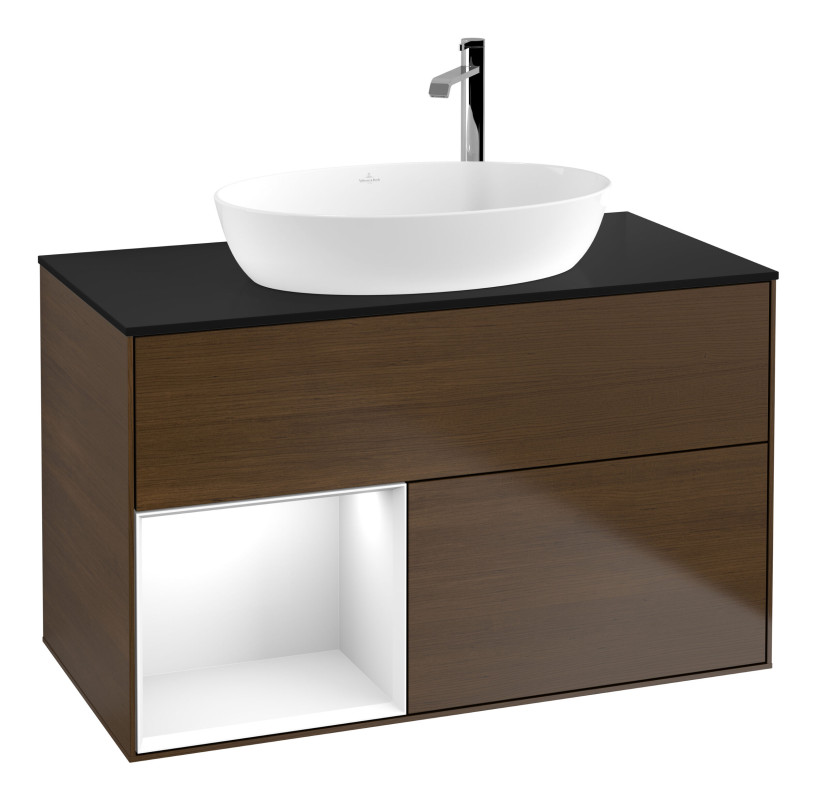 Тумба под раковину Villeroy & Boch Finion 100х50,1 см с подсветкой МДФ шпон грецкого ореха/стекло черное матовое G892GFGN