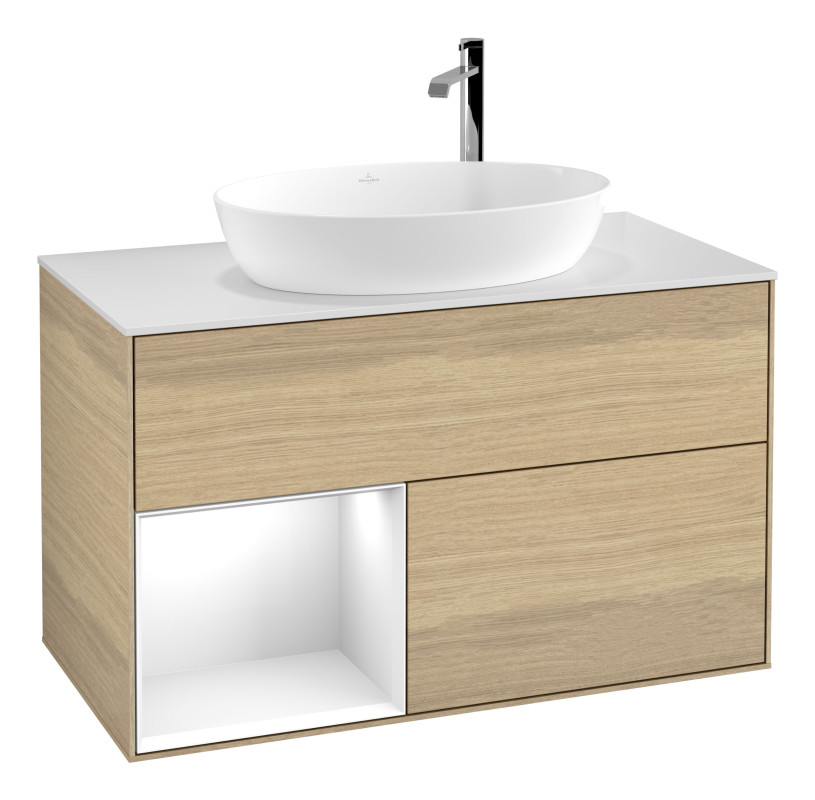 Тумба под раковину Villeroy & Boch Finion 100х50,1 см с подсветкой МДФ шпон дуба/стекло белое матовое G891GFPC