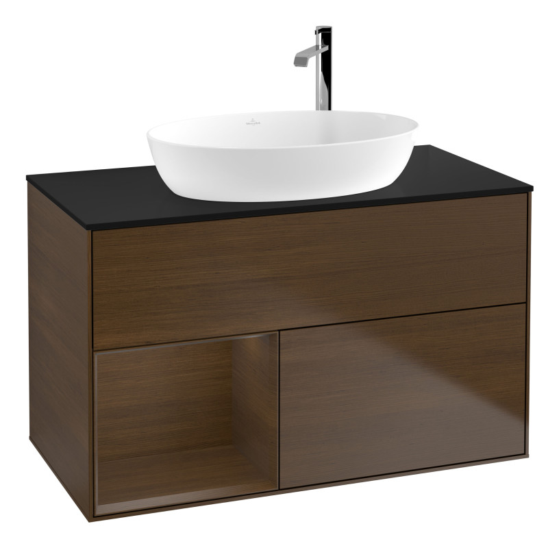 Тумба под раковину Villeroy & Boch Finion 100х50,1 см с подсветкой МДФ шпон грецкого ореха/стекло черное матовое G892GNGN