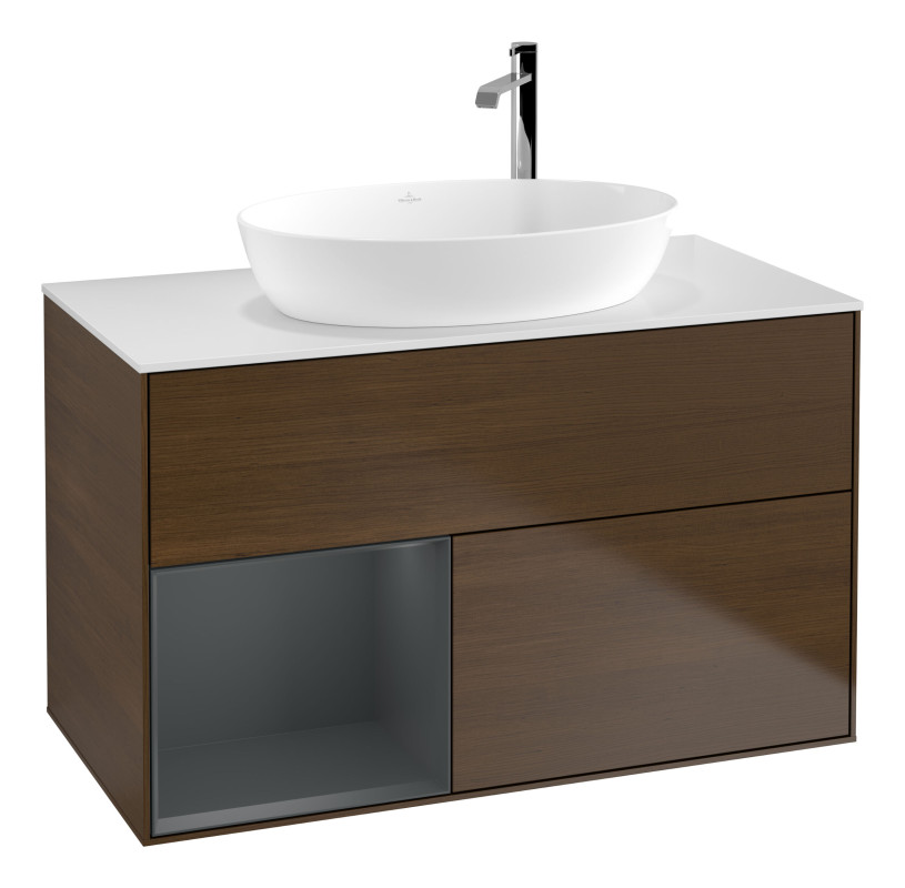 Тумба под раковину Villeroy & Boch Finion 100х50,1 см с подсветкой МДФ шпон грецкого ореха/стекло белое матовое G891HGGN