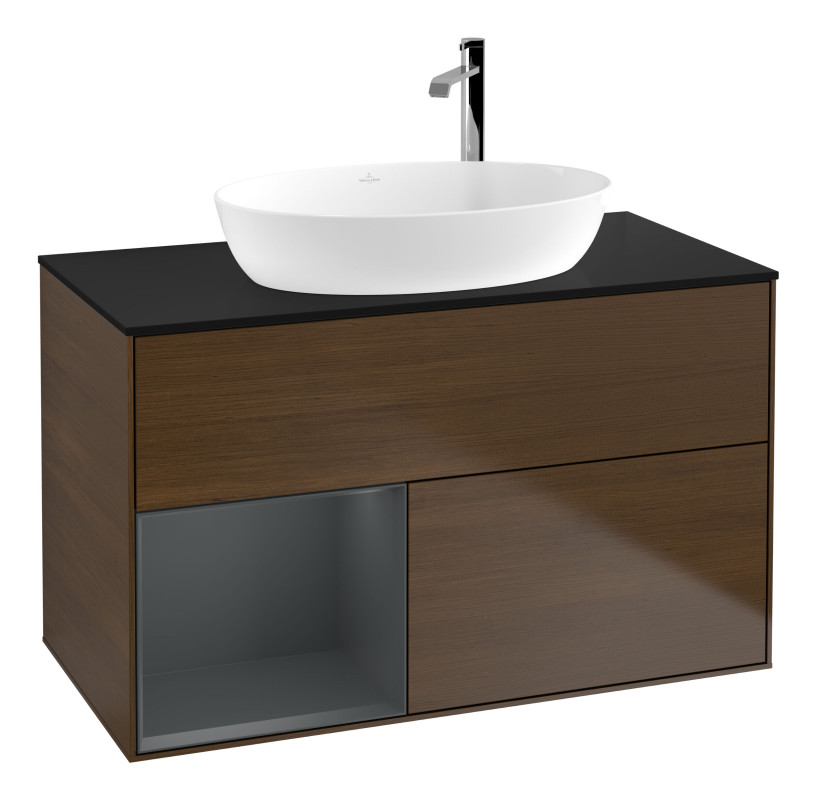 Тумба под раковину Villeroy & Boch Finion 100х50,1 см с подсветкой МДФ шпон грецкого ореха/стекло черное матовое G892HGGN