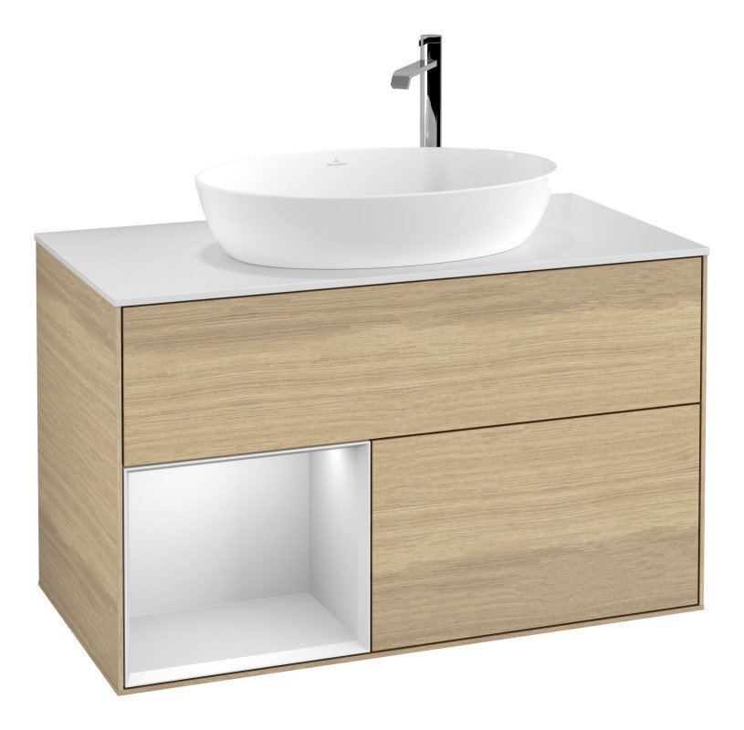 Тумба під раковину Villeroy & Boch Finion 100х50,1 см із підсвічуванням МДФ шпон дуба/скло біле матове G891MTPC