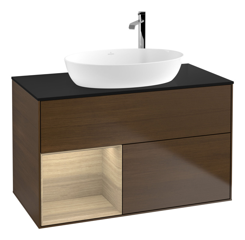 Тумба под раковину Villeroy & Boch Finion 100х50,1 см с подсветкой МДФ шпон грецкого ореха/стекло черное матовое G892PCGN