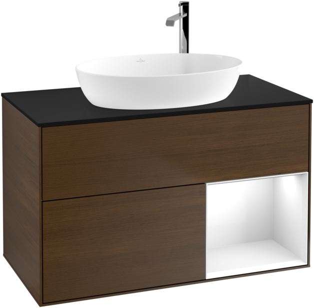 Тумба під раковину Villeroy & Boch Finion 100х50,1 см з підсвічуванням МДФ шпон волоського горіха/скло чорне матове G902GFGN