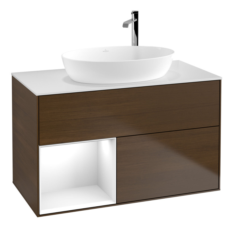 Тумба под раковину Villeroy & Boch Finion 100х50,1 см с подсветкой МДФ шпон грецкого ореха/стекло белое матовое F891GFGN