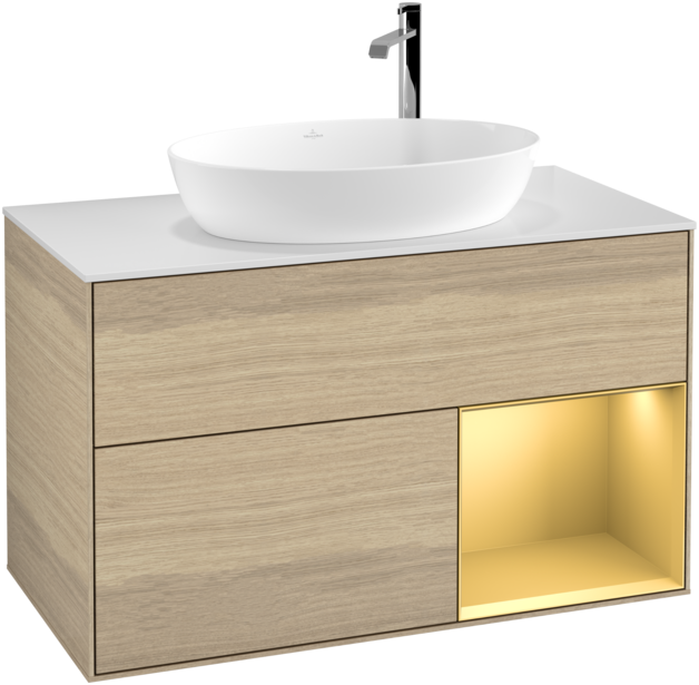 Тумба под раковину Villeroy & Boch Finion 100х50,1 см с подсветкой МДФ шпон дуба/стекло белое матовое G901HFPC