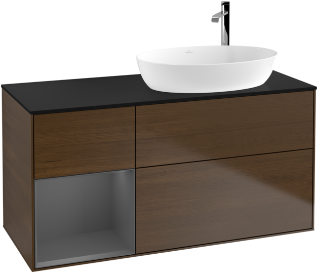 Тумба під раковину Villeroy & Boch Finion 120х50,1 см з підсвічуванням МДФ шпон волоського горіха/скло чорне матове F922GKGN