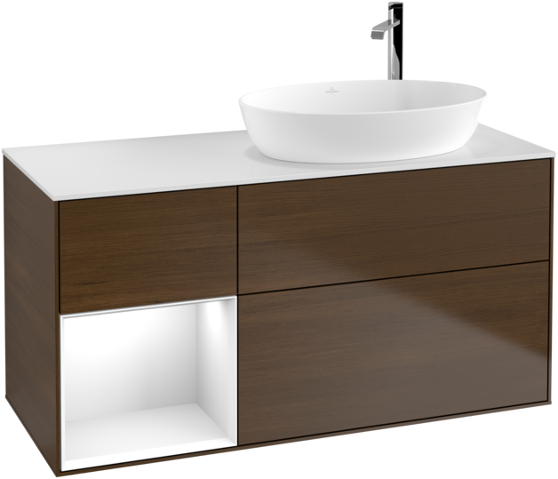 Тумба под раковину Villeroy & Boch Finion 120х50,1 см с подсветкой МДФ шпон грецкого ореха/стекло белое матовое G921GFGN