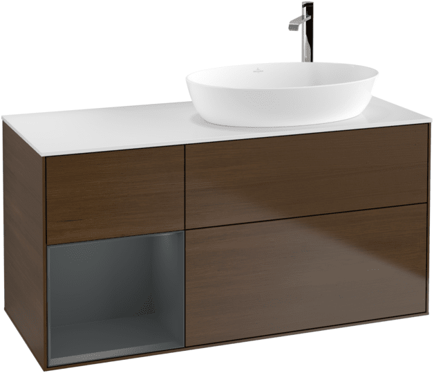 Тумба під раковину Villeroy & Boch Finion 120х50,1 см із підсвічуванням МДФ шпон волоського горіха/скло біле матове G921HGGN