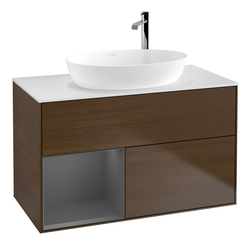 Тумба под раковину Villeroy & Boch Finion 100х50,1 см с подсветкой МДФ шпон грецкого ореха/стекло белое матовое F891GKGN