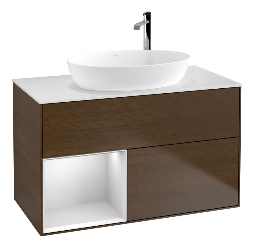 Тумба под раковину Villeroy & Boch Finion 100х50,1 см с подсветкой МДФ шпон грецкого ореха/стекло белое матовое F891MTGN