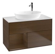 Тумба под раковину Villeroy & Boch Finion 100х50,1 см с подсветкой МДФ шпон грецкого ореха/стекло белое матовое F891GNGN