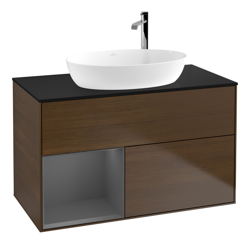 Тумба под раковину Villeroy & Boch Finion 100х50,1 см с подсветкой МДФ шпон грецкого ореха/стекло черное матовое F892GKGN