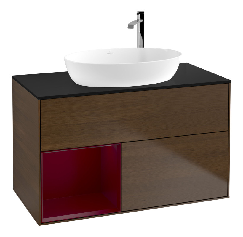 Тумба под раковину Villeroy & Boch Finion 100х50,1 см с подсветкой МДФ шпон грецкого ореха/стекло черное матовое F892HBGN