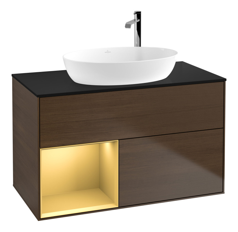 Тумба под раковину Villeroy & Boch Finion 100х50,1 см с подсветкой МДФ шпон грецкого ореха/стекло черное матовое F892HFGN