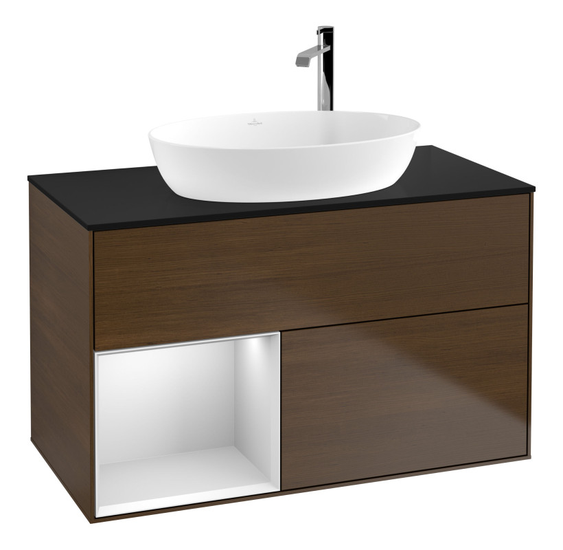 Тумба под раковину Villeroy & Boch Finion 100х50,1 см с подсветкой МДФ шпон грецкого ореха/стекло черное матовое F892MTGN