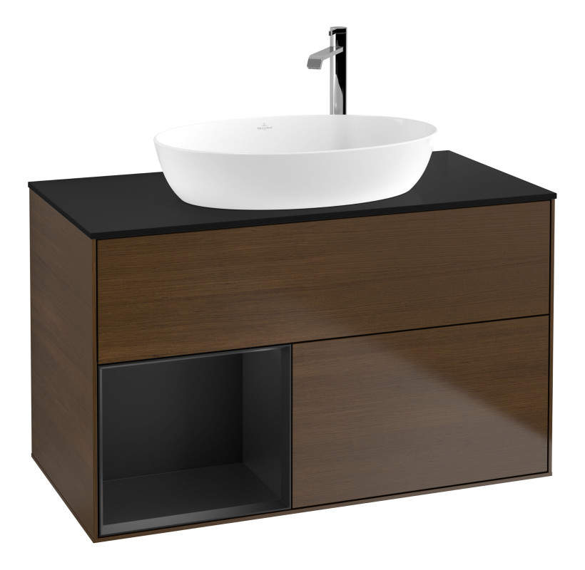 Тумба под раковину Villeroy & Boch Finion 100х50,1 см с подсветкой МДФ шпон грецкого ореха/стекло черное матовое F892PDGN