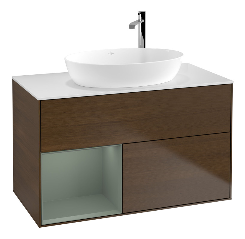 Тумба под раковину Villeroy & Boch Finion 100х50,1 см с подсветкой МДФ шпон грецкого ореха/стекло белое матовое F891GMGN