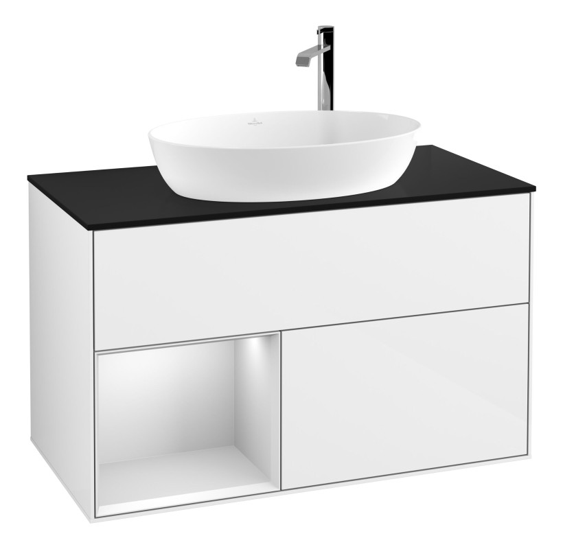 Тумба під раковину Villeroy & Boch Finion 100х50,1 см з підсвічуванням МДФ білий глянцевий лак/скло чорне матове F892MTGF