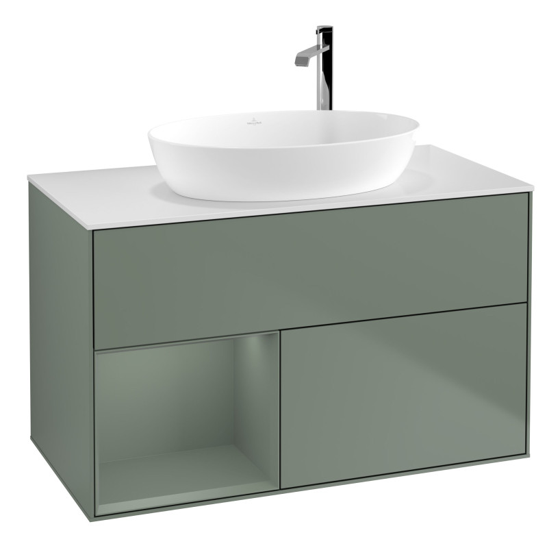 Тумба під раковину Villeroy & Boch Finion 100х50,1 см із підсвічуванням МДФ оливковий матовий лак/скло біле матове F891GMGM